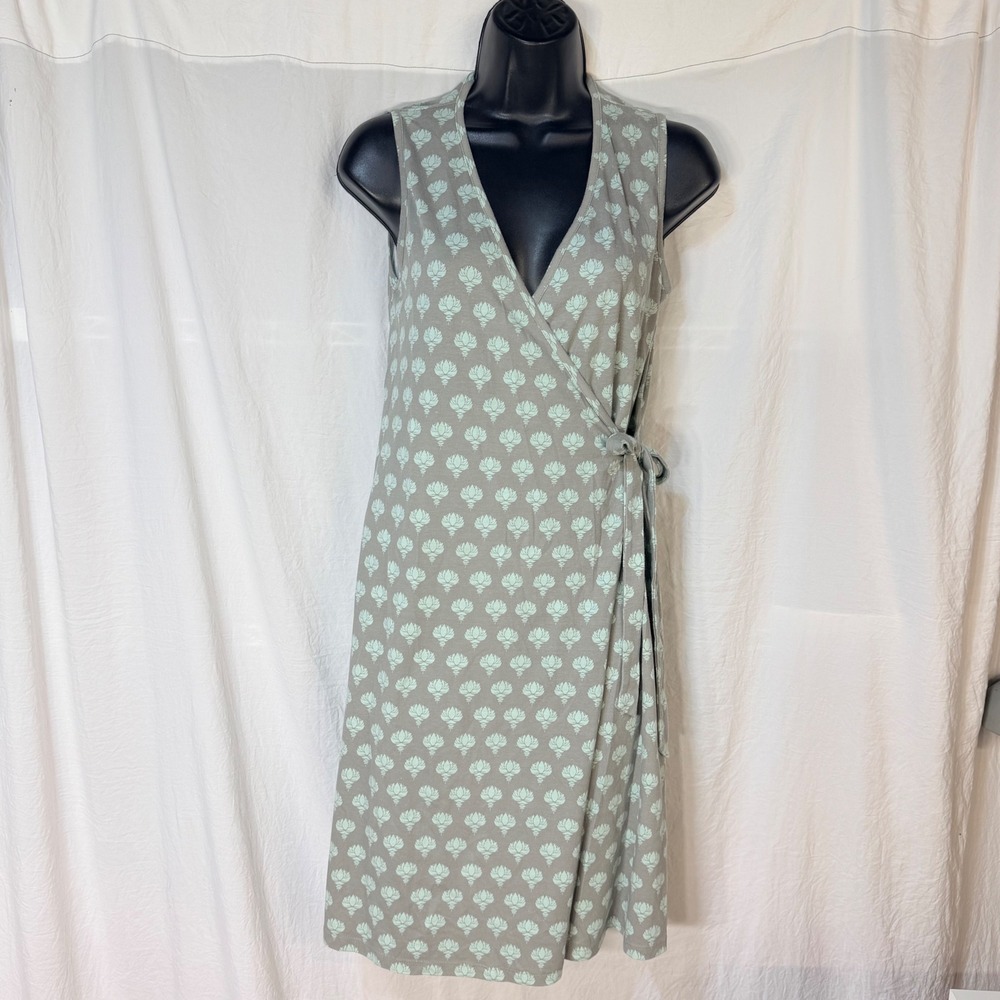 Synergy Wrap Dress Small Grey Lotus Floral Print Organic Cotton Sleeveless VNeck
